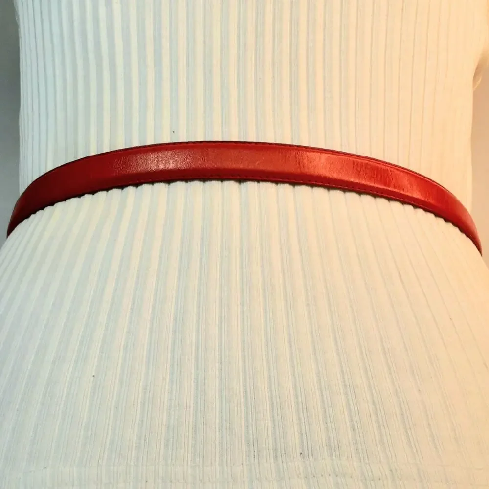Womens Rose Red Genuine Leather Skinny Belt Size Medium Art Deco Buckle